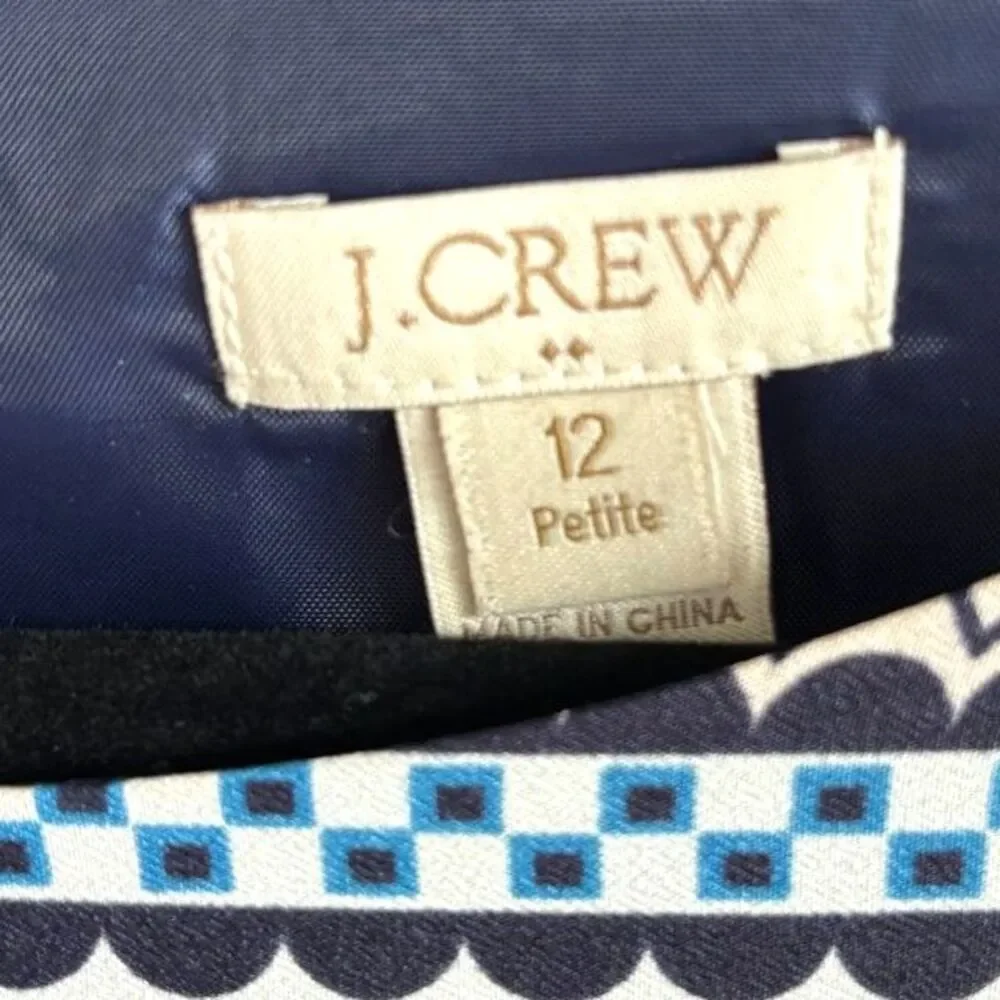 J.Crew Printed Gallery Shift Dress 12P Navy Pink Geometric Stripe Zip Back Blue
